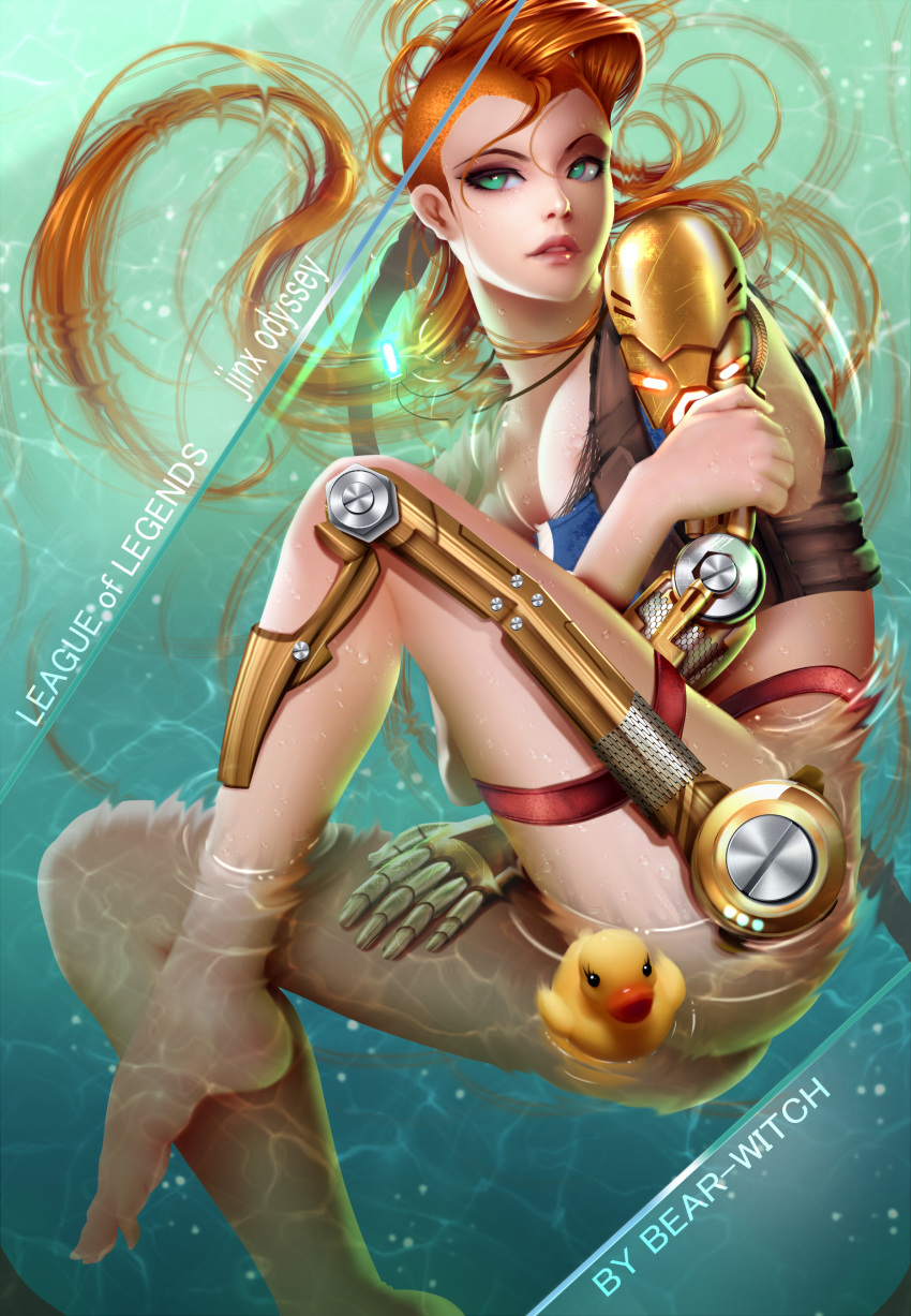 1girl bearwitch braid breasts choker crop_top gloves green_eyes highleg jacket jewelry jinx_(league_of_legends) league_of_legends legs lips long_hair looking_at_viewer mechanical_arm necklace odyssey_jinx orange_hair prosthesis prosthetic_arm single_glove small_breasts solo tank_top tattoo underwear very_long_hair water