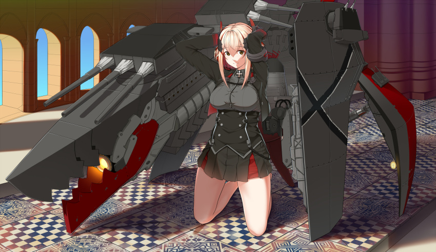 armband arms_behind_head azur_lane baiyin bangs black_jacket black_skirt blonde_hair blush breasts brown_eyes closed_mouth collared_shirt cropped_jacket day dress_shirt eyebrows_visible_through_hair grey_shirt hair_between_eyes headgear highres indoors iron_cross jacket large_breasts long_sleeves looking_at_viewer machinery miniskirt multicolored_hair open_clothes open_jacket pleated_skirt red_hair roon_(azur_lane) searchlight shirt short_hair skirt smile solo streaked_hair tachi-e turret underbust window