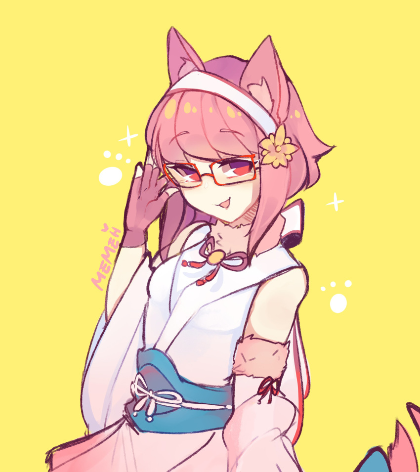 absurdres animal_ears artist_name cat_ears fake_animal_ears fingerless_gloves fire_emblem fire_emblem_heroes fire_emblem_if fur_trim glasses gloves hair_ornament hairband highres japanese_clothes lazymimium open_mouth pink_gloves pink_hair red_eyes sakura_(fire_emblem_if) short_hair simple_background sleeveless solo yellow_background