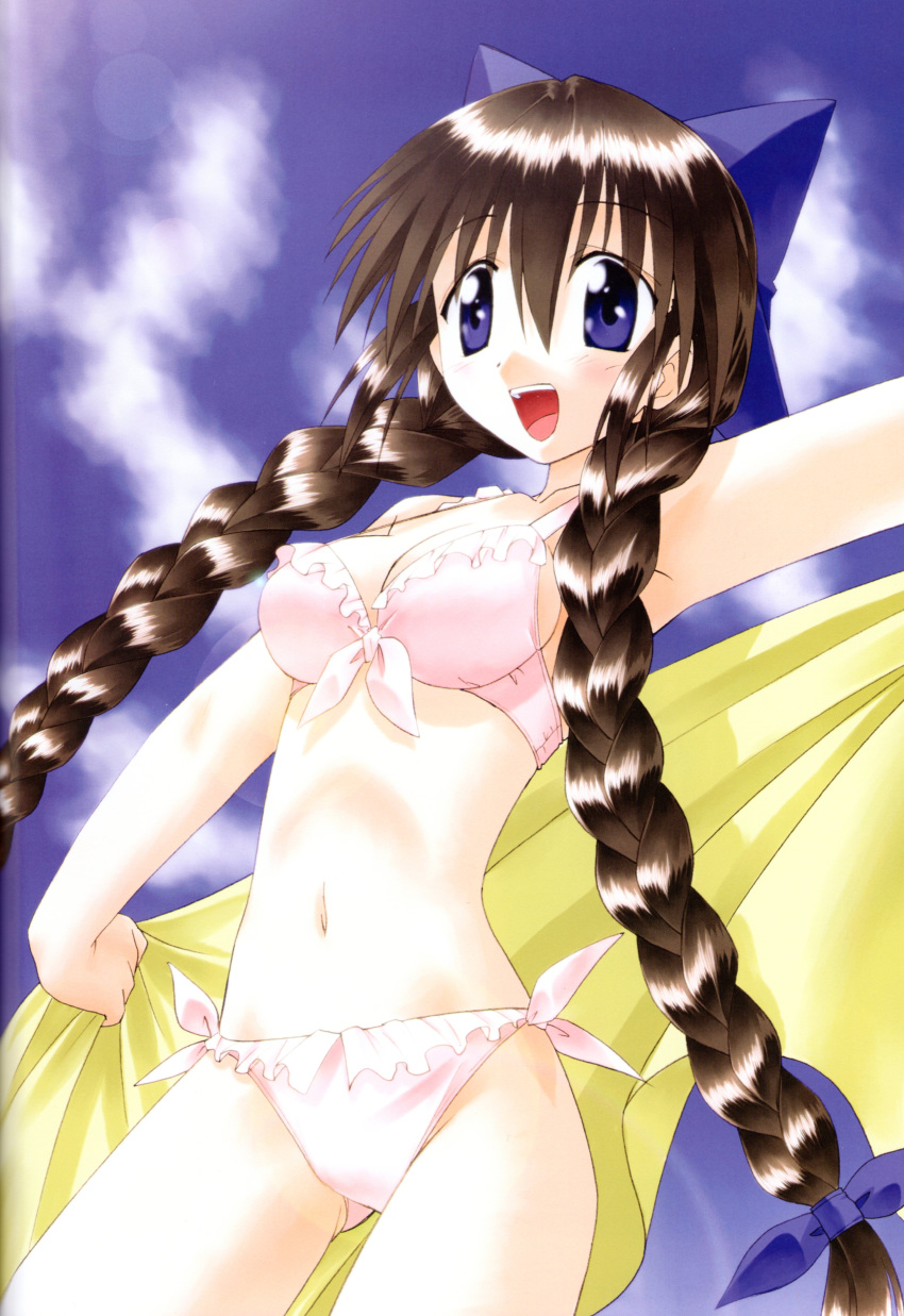 absurdres alternate_hairstyle armpits ass_visible_through_thighs bangs bare_arms bikini blue_eyes blue_ribbon blue_sky braid breasts brown_hair cleavage cloud collarbone cowboy_shot day eyebrows_visible_through_hair front-tie_bikini front-tie_top fujishiro_takeshi hair_ribbon highres holding holding_towel long_hair looking_at_viewer medium_breasts nagasarete_airantou navel official_art open_mouth outdoors outstretched_arms pink_bikini ribbon scan side-tie_bikini sky solo suzu_(nagasarete_airantou) swimsuit towel twin_braids upper_teeth very_long_hair