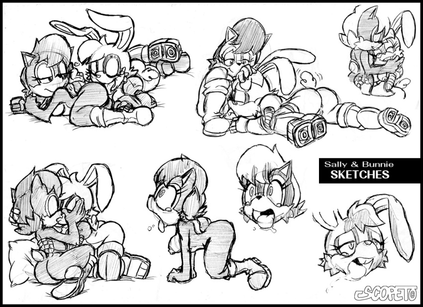 2018 all_fours anthro anthro_on_anthro boots breasts buckteeth bunnie_rabbot butt chipmunk clothing cunnilingus cybernetics cyborg drooling duo escopeto eyes_closed female female/female footwear greyscale half-closed_eyes hand_behind_back hand_on_head hi_res interspecies kissing kneeling lagomorph licking looking_back looking_pleasured lying machine mammal monochrome multiple_positions nipples nude on_front oral rabbit rodent saliva sally_acorn sex side_boob sketch smile sonic_(series) spread_legs spreading teeth tongue tongue_out vaginal wide_eyed