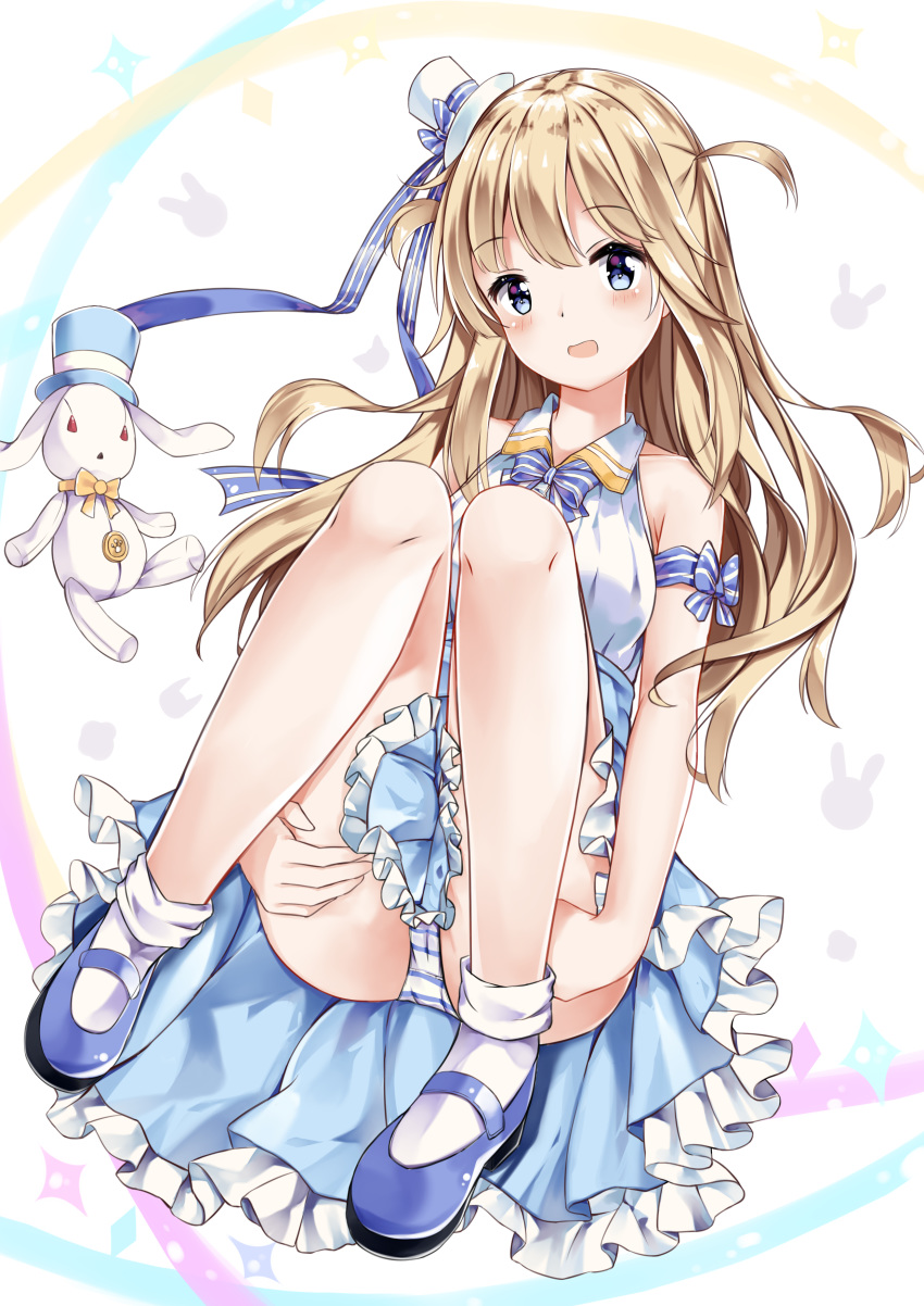 :d absurdres arm_ribbon bangs bare_shoulders blonde_hair blue_bow blue_eyes blue_footwear blue_hat blue_neckwear blue_skirt blush bow bowtie breasts cameltoe collared_shirt commentary eyebrows_visible_through_hair frilled_skirt frills full_body fuyuki030 hat hat_bow highres knees_up long_hair mary_janes medium_breasts medium_skirt mini_hat mini_top_hat multicolored multicolored_background open_mouth original panties pantyshot ribbon shirt shoes skirt sleeveless sleeveless_shirt smile socks solo star striped striped_bow striped_neckwear striped_panties stuffed_animal stuffed_bunny stuffed_toy top_hat two_side_up underwear upskirt very_long_hair white_hat white_legwear white_shirt wing_collar yellow_eyes