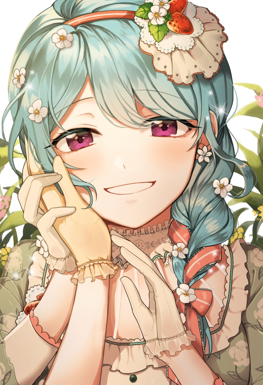 alternate_hairstyle bang_dream! bangs bari_dal blue_hair braid earrings eyebrows_visible_through_hair flower flower_earrings food_themed_hair_ornament frilled_gloves frills gloves grin hair_flower hair_ornament hair_over_shoulder hair_ribbon hand_on_another's_cheek hand_on_another's_face hand_on_another's_hand highres jewelry long_hair looking_at_viewer matsubara_kanon out_of_frame pov pov_hands purple_eyes red_ribbon ribbon ribbon_braid single_braid smile solo_focus strawberry_hair_ornament striped striped_ribbon upper_body white_flower white_gloves yellow_gloves