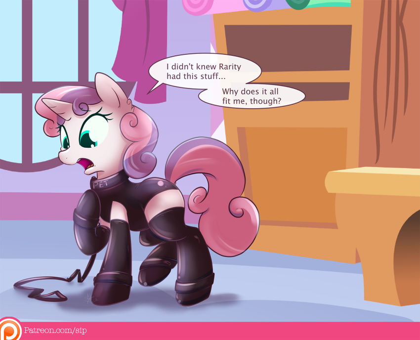 child clothing collar dialogue equine female friendship_is_magic horn leash leather legwear mammal my_little_pony rubber sip_i.a. solo stockings sweetie_belle_(mlp) unicorn young