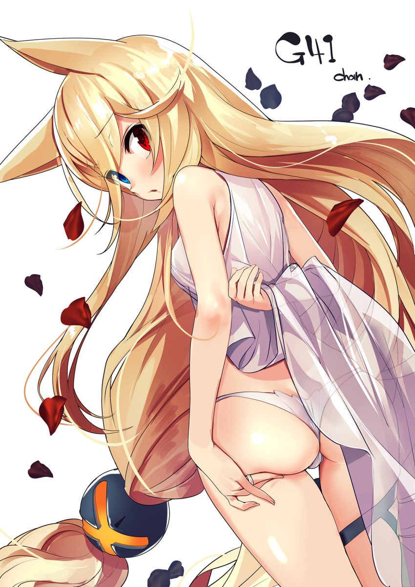 animal_ears ass ass_grab bangs blonde_hair blue_eyes blush breasts character_name commentary_request cowboy_shot dress dress_lift dutch_angle eyebrows_visible_through_hair fox_ears from_behind g41_(girls_frontline) girls_frontline grabbing_own_ass hair_between_eyes hair_ornament heterochromia highres jewelry lifted_by_self long_hair looking_at_viewer looking_back low-tied_long_hair low_twintails open_mouth panties parted_lips petals purple_dress red_eyes ring sidelocks simple_background skindentation small_breasts solo standing thigh_gap thigh_strap thighs translucent_dress twintails underwear very_long_hair wedding_ring white_background white_panties wind yamacchi