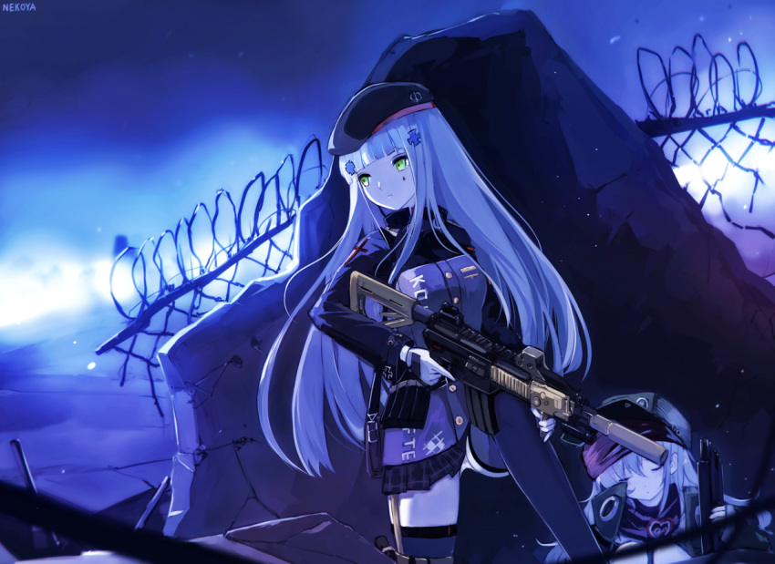 artist_name assault_rifle bad_id bad_pixiv_id bangs barbed_wire beret black_hat black_skirt blue_hair blunt_bangs blurry blurry_foreground blush breasts chain-link_fence closed_eyes closed_mouth commentary_request depth_of_field dyolf eyebrows_visible_through_hair facial_mark fence g11 g11_(girls_frontline) girls_frontline green_eyes green_jacket gun hair_ornament hat heckler_&amp;_koch hk416 hk416_(girls_frontline) holding holding_gun holding_weapon jacket long_hair looking_away looking_to_the_side medium_breasts multiple_girls object_namesake open_clothes open_jacket outdoors plaid plaid_skirt pleated_skirt purple_jacket purple_legwear rifle signature silver_hair skirt standing thighhighs very_long_hair weapon
