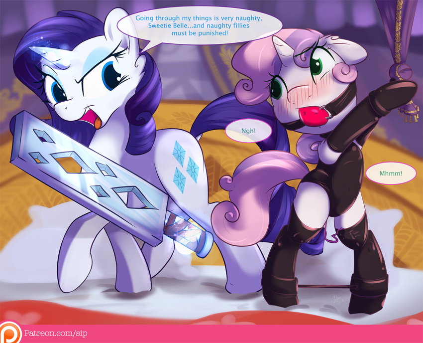 ball_gag bdsm blush bondage bound child clothing dialogue domination equine female female/female friendship_is_magic gag horn incest leather legwear mammal my_little_pony paddle punishment rarity_(mlp) rubber sex_toy sibling sip_i.a. sisters spreader_bar stockings sweetie_belle_(mlp) unicorn vibrator young
