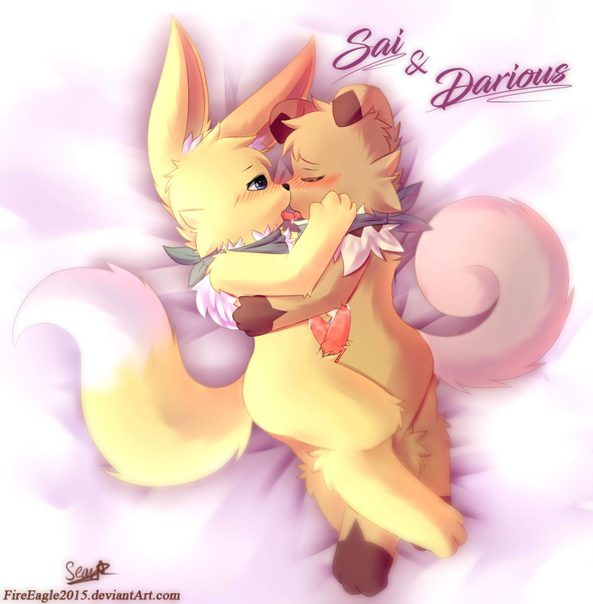&lt;3 anthro anthro_on_anthro bed blush canine cute duo eevee eeveelution frottage hug kissing lying male male/male mammal nintendo penis pok&eacute;mon pok&eacute;mon_(species) pok&eacute;morph rockruff scarf senz sex tongue video_games wet
