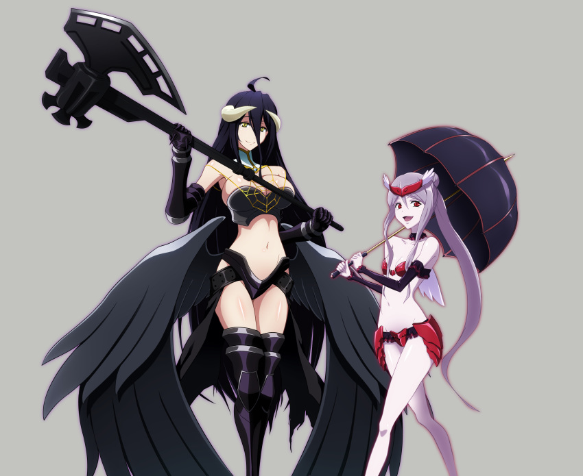absurdres albedo alternate_costume armor bikini_armor black_hair breasts cleavage demon_girl demon_horns demon_wings full_body grey_background highres horns jewelry large_breasts long_hair midriff monster_girl multiple_girls navel necklace nora_kaato overlord_(maruyama) pale_skin purple_hair red_eyes scythe shalltear_bloodfallen simple_background small_breasts umbrella undead vampire very_long_hair white_skin wings yellow_eyes