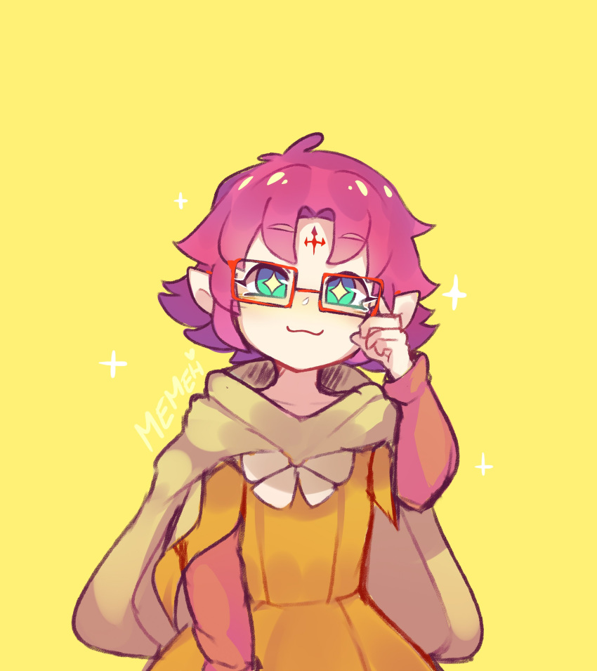 1girl absurdres artist_name cloak closed_mouth dress fa facial_mark fire_emblem fire_emblem:_fuuin_no_tsurugi fire_emblem_heroes forehead_mark glasses green_eyes highres lazymimium long_sleeves mamkute pointy_ears purple_hair short_hair simple_background smile solo yellow_background