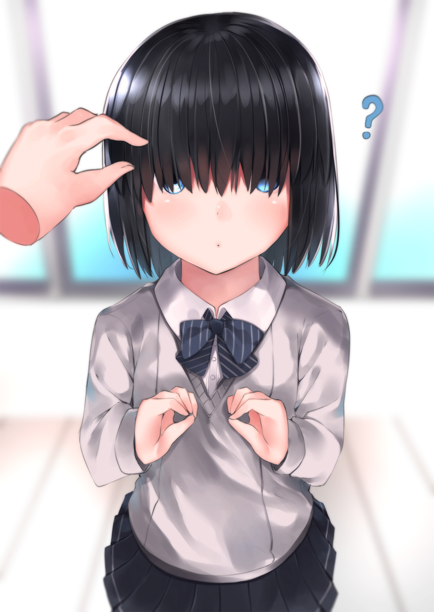 ? bangs black_hair black_skirt blue_bow blue_eyes blurry blurry_background bow closed_mouth collared_shirt commentary_request depth_of_field diagonal_stripes disembodied_limb dress_shirt fingernails grey_sweater hair_over_eyes hands_up highres indoors long_hair long_sleeves looking_at_viewer neku_(neku_draw) original pleated_skirt school_uniform shirt skirt solo_focus standing striped striped_bow sweater white_shirt