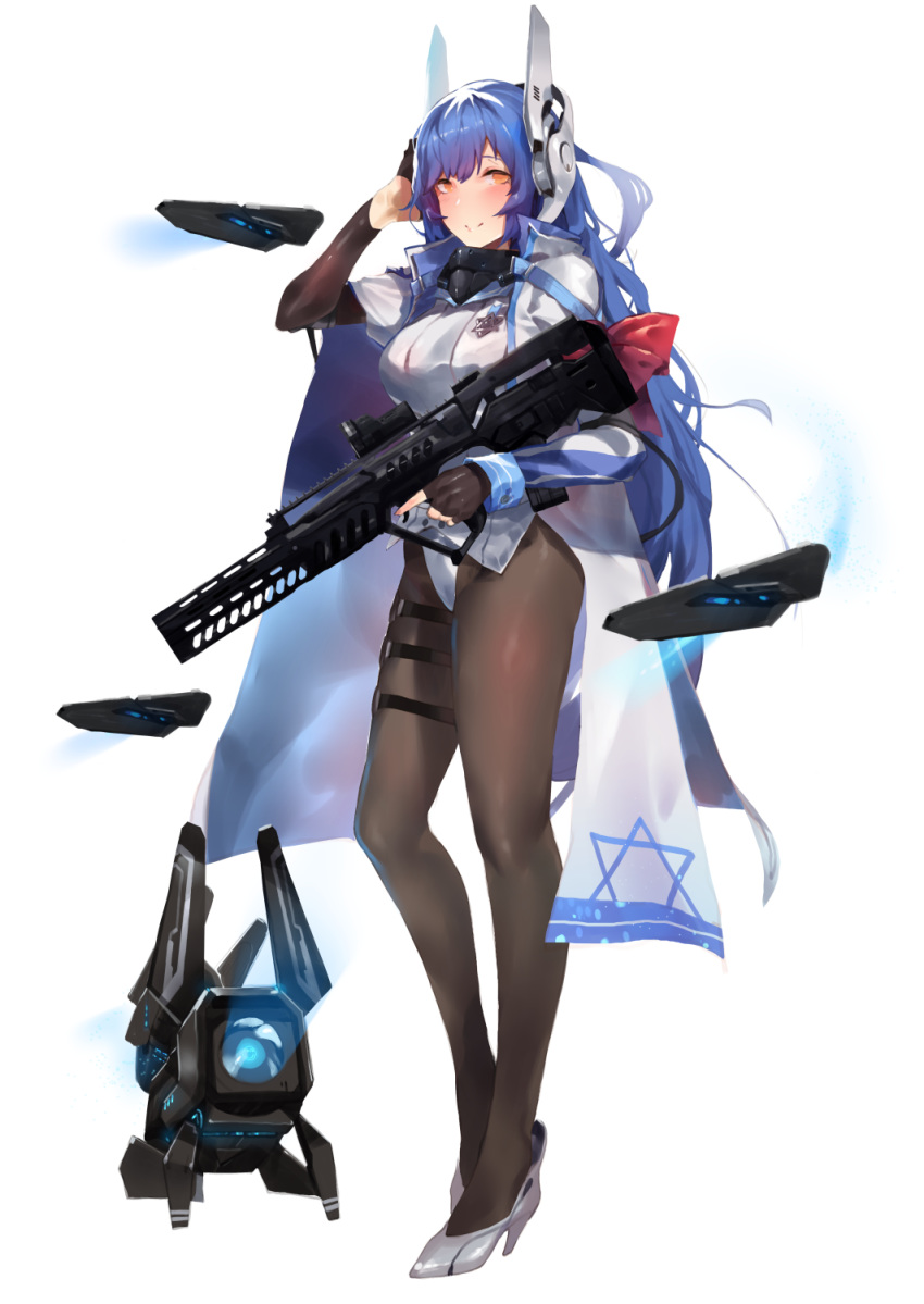 assault_rifle bangs bare_shoulders black_legwear blue_hair blush bow breasts bullpup cloak closed_mouth commentary detached_sleeves dinergate_(girls_frontline) eyebrows_visible_through_hair fingerless_gloves floating_headgear full_body girls_frontline gloves gun hair_between_eyes hand_on_own_head headgear high_heels highres holding holding_gun holding_weapon imi_tavor_tar-21 large_breasts leotard long_hair looking_at_viewer mod3_(girls_frontline) pantyhose rifle sidelocks simple_background smile solo standing tar-21_(girls_frontline) thigh_strap trigger_discipline very_long_hair weapon weibo_username white_background white_footwear white_leotard yellow_eyes yueqin_(monnpiano)