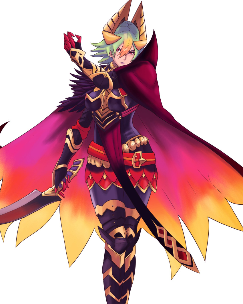 absurdres belt boots breastplate breasts cape commentary_request crown dark_skin earrings fire_emblem fire_emblem_heroes gradient_hair green_hair highres hips holding holding_sword holding_weapon jewelry laegjarn_(fire_emblem_heroes) leggings lips lipstick looking_at_viewer makeup multicolored_hair orange_hair purple_lipstick red_cape red_eyes simple_background solo stud_earrings sword thigh_boots thighhighs thighs truejekart vambraces weapon white_background