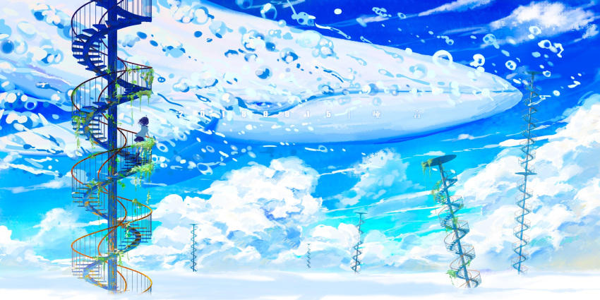 air_bubble bubble cloud day flying_whale highres original outdoors scenery sky spiral_staircase stairs whale wind ya_yan
