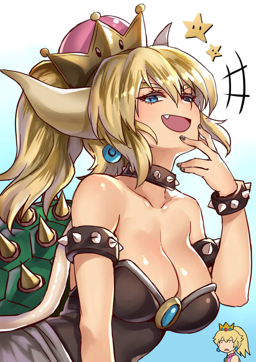 :d absurdres black_dress black_nails blonde_hair blue_eyes borrowed_design bowsette bracelet breasts cleavage collar collarbone commentary crown dress earrings eyebrows fang fingers_to_chin highres horns jewelry kaorihero large_breasts mario_(series) mario_tennis multiple_girls nail_polish naughty_face new_super_mario_bros._u_deluxe open_mouth ponytail princess_peach sharp_teeth shell shiny shiny_skin smile smug solo_focus spiked_bracelet spiked_collar spikes star starman_(mario) super_crown super_mario_bros. teeth thick_eyebrows turtle_shell