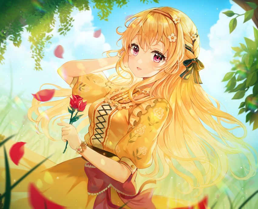 :d absurdres alternate_hairstyle bang_dream! bangs blonde_hair braid center_frills cross-laced_clothes day dress floral_print flower hair_flower hair_ornament hair_over_shoulder hair_ribbon hairband hand_in_hair highres holding holding_flower long_hair looking_at_viewer open_mouth outdoors petals purple_eyes red_flower red_rose ribbon ribbon_braid rose shirasagi_chisato short_sleeves side_braid single_braid smile solo tokkyu_(user_mwwe3558) white_flower wrist_cuffs wrist_flower yellow_dress