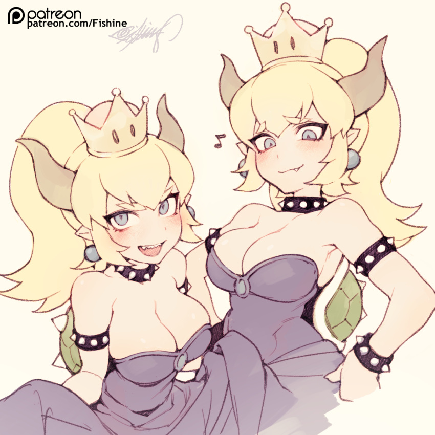 arm_garter bare_shoulders black_dress blonde_hair blue_eyes borrowed_design bowsette bracelet breasts cleavage collar commentary crown dress dual_persona earrings eyebrows_visible_through_hair fang fang_out fishine highres horns jewelry large_breasts looking_at_viewer mario_(series) multiple_girls musical_note new_super_mario_bros._u_deluxe open_mouth patreon_username ponytail short_hair signature smile spiked_bracelet spiked_collar spikes super_crown upper_body