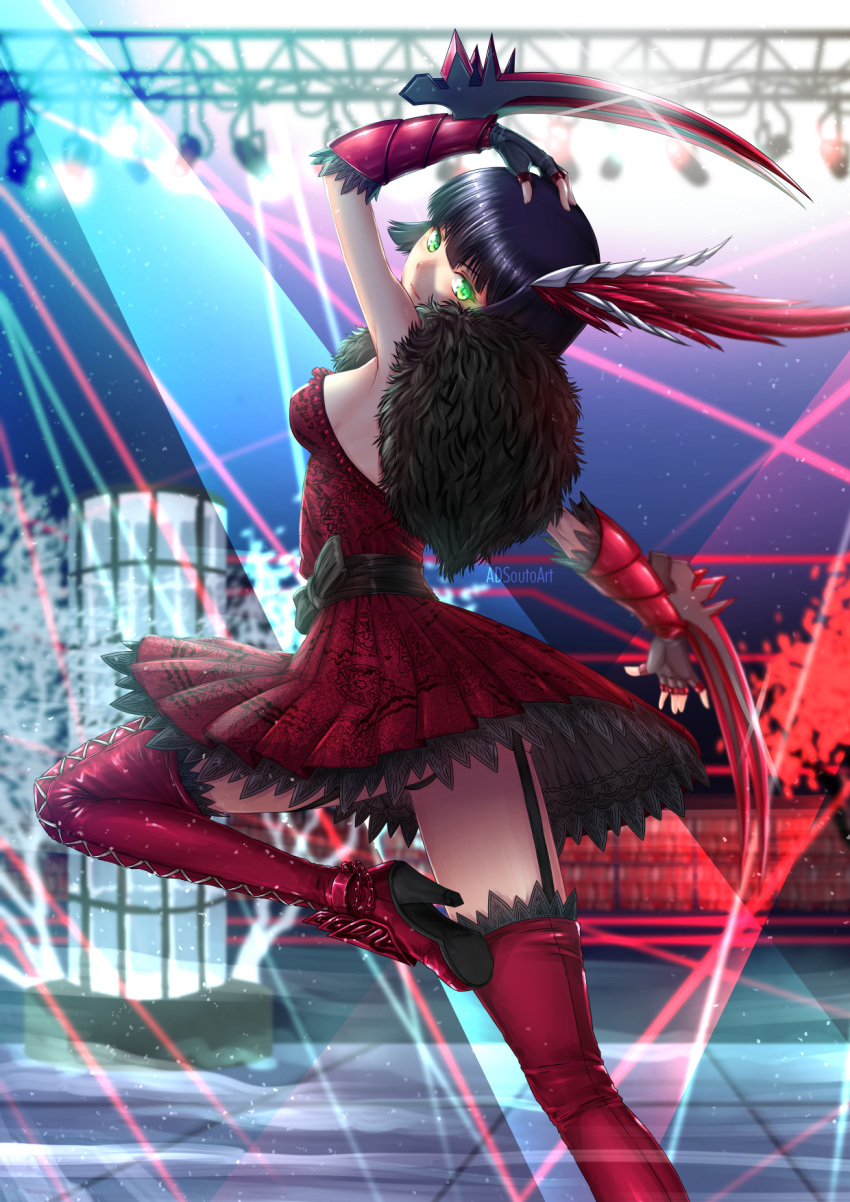 adsouto arm_up artist_name black_hair black_panties blurry blurry_background boots breasts claw_(weapon) commentary dress english_commentary feather_boa fingerless_gloves from_behind garter_straps gloves glowing glowing_eyes green_eyes hair_ornament hand_on_own_head high_heel_boots high_heels highres looking_at_viewer looking_back medium_breasts miltiades_malachite nightclub panties pantyshot pantyshot_(standing) red_dress rwby short_hair solo standing standing_on_one_leg strapless strapless_dress thigh_boots thighhighs underwear weapon