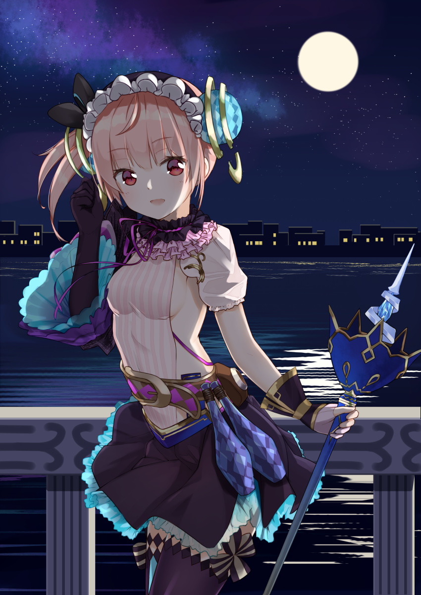 :d absurdres atelier_(series) atelier_lydie_&amp;_suelle black_gloves blush breasts building eyebrows_visible_through_hair full_moon gloves hairband head_tilt highres holding holding_staff juujuu looking_at_viewer lydie_marlen medium_breasts moon night open_mouth outdoors pink_eyes pink_hair railing side_ponytail skirt smile solo staff standing thighhighs water