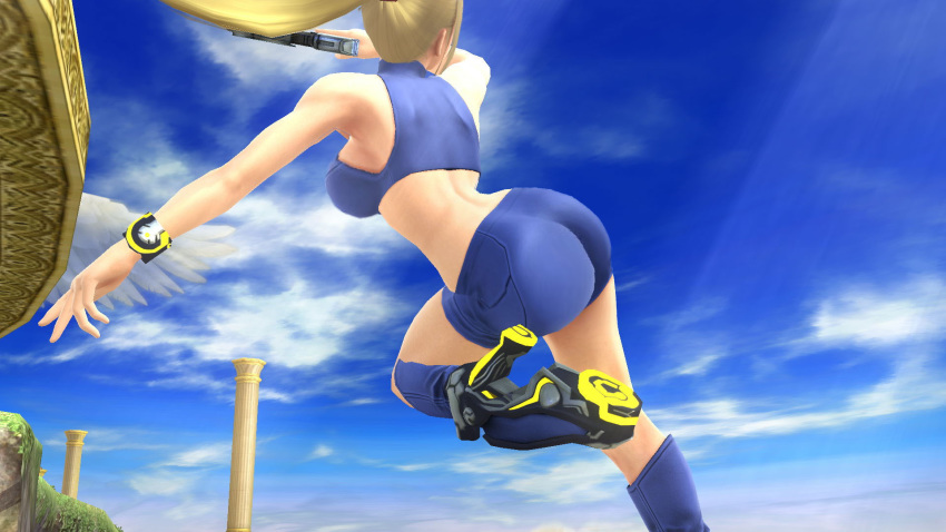 1girl ass back bare_arms bare_shoulders blonde_hair breasts gun heels hips holding holding_gun holding_weapon huge_ass legs long_hair metroid nintendo ponytail samus_aran shorts solo super_smash_bros. thick_thighs thighs tied_hair weapon wide_hips
