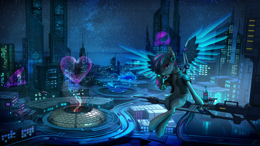 2018 absurd_res blue_hair clothed clothed_feral clothing cutie_mark cybernetics detailed_background digital_media_(artwork) equine female feral futuristic hair hi_res hologram hooves machine mammal my_little_pony night outside pegasus purple_eyes purple_hair scenery sitting sky solo star starry_sky vitaj wings