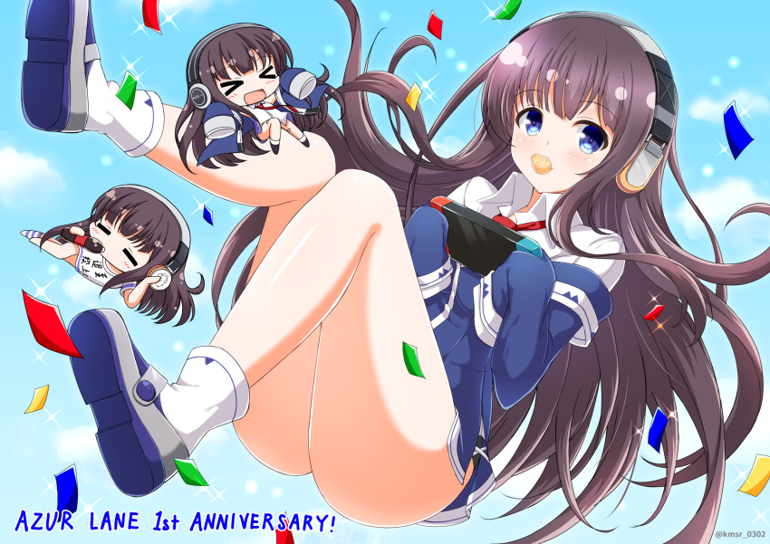 &gt;_&lt; :d anniversary ass azur_lane bangs blue_eyes blue_jacket blue_sky blush bottle brown_hair chibi chips closed_eyes cloud coke_bottle commentary_request confetti copyright_name day drinking eyebrows_visible_through_hair food food_in_mouth handheld_game_console headphones highres holding holding_bottle jacket kamishiro_(rsg10679) long_hair long_island_(azur_lane) long_sleeves mouth_hold nintendo_switch open_mouth outdoors potato_chips shirt sky sleeves_past_fingers sleeves_past_wrists smile sparkle twitter_username very_long_hair white_shirt xd