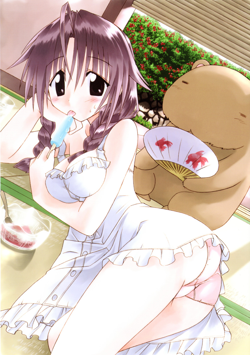 absurdres ahoge animal arm_support arm_under_breasts arm_up ass bangs bare_arms bare_legs bare_shoulders bear blinds blush bowl braid breasts bush chin_rest cleavage cropped_legs crotch_seam dress eyebrows_visible_through_hair fan fanning food fujishiro_takeshi hair_over_shoulder highres holding holding_fan holding_food indoors legs licking long_hair looking_at_viewer lying medium_breasts melting michiru_(nagasarete_airantou) nagasarete_airantou official_art on_floor on_side panties pantyshot pantyshot_(lying) pink_panties popsicle presenting presenting_panties purple_eyes purple_hair scan shaved_ice sleeveless sleeveless_dress solo spoon summer sundress sweat sweatdrop tatami thighs tongue tongue_out twin_braids underwear upskirt white_dress