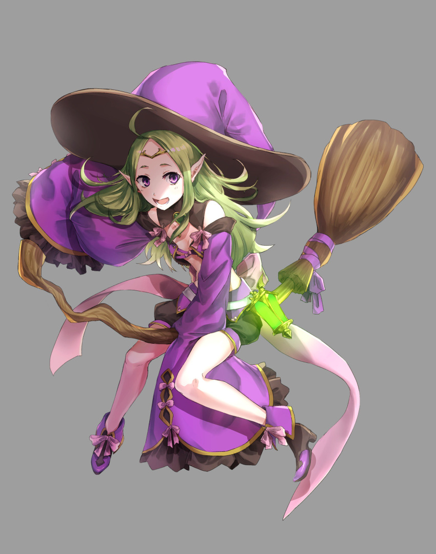 absurdres ahoge bow broom broom_riding circlet commentary_request crop_top danno_gs detached_sleeves fire_emblem fire_emblem:_kakusei fire_emblem_heroes full_body green_hair grey_background halloween_costume hat heart high_heels highres long_hair long_sleeves mamkute nono_(fire_emblem) open_mouth pink_bow pointy_ears purple_eyes simple_background sleeves_past_fingers sleeves_past_wrists solo witch_hat