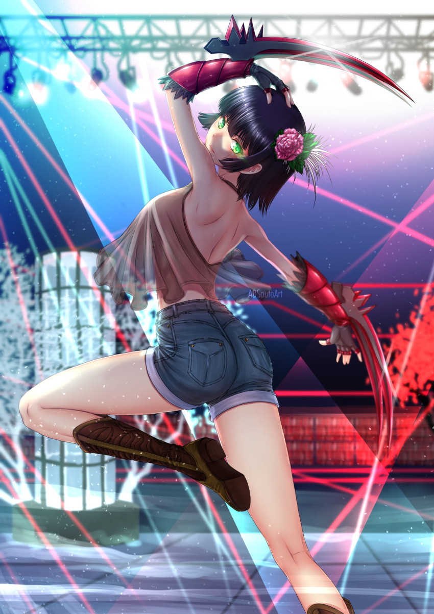 adsouto arm_up artist_name black_hair blue_shorts blurry blurry_background boots breasts casual claw_(weapon) denim denim_shorts fingerless_gloves flower from_behind gloves glowing glowing_eyes green_eyes hair_flower hair_ornament halterneck hand_on_own_head highres looking_at_viewer looking_back medium_breasts miltiades_malachite nightclub rwby see-through short_hair short_shorts shorts solo standing standing_on_one_leg weapon