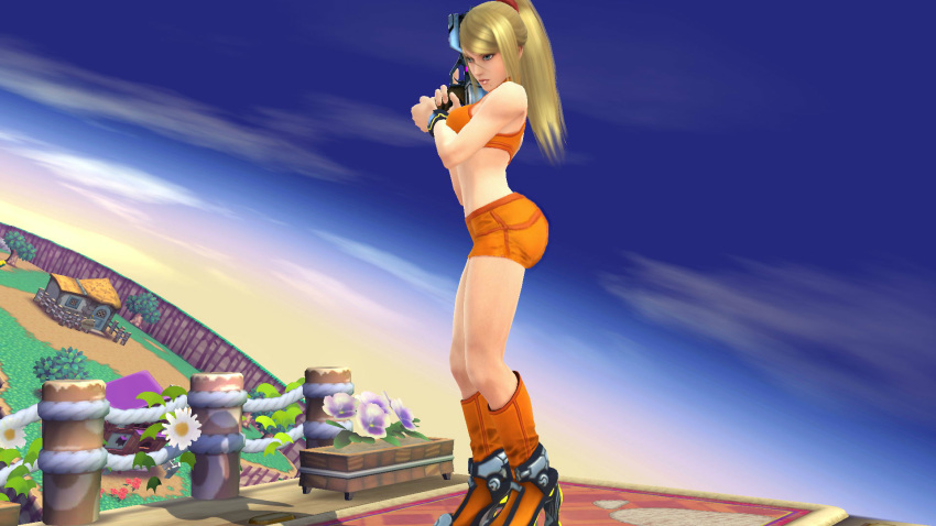 1girl ass bare_arms bare_shoulders blonde_hair blue_eyes breasts curvy full_body gun heels hips holding holding_gun holding_weapon huge_ass long_hair metroid nintendo ponytail samus_aran shorts solo standing stomach super_smash_bros. thick_thighs thighs tied_hair weapon wide_hips