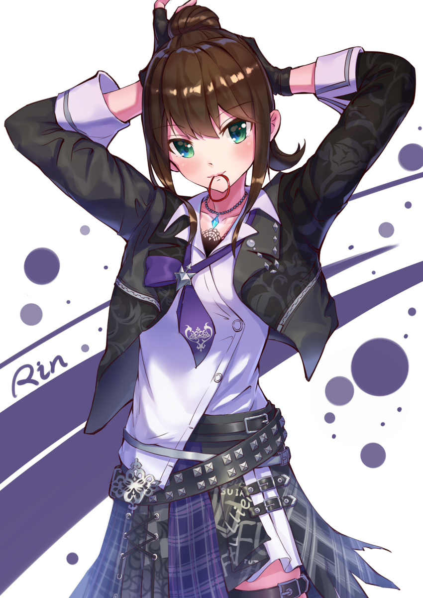 arms_up belt black_gloves black_jacket blue_skirt brown_hair character_name collarbone cowboy_shot dress_shirt duoyu_zhuan_qing eyebrows_visible_through_hair fingerless_gloves gloves green_eyes hair_between_eyes highres idolmaster idolmaster_cinderella_girls jacket jewelry looking_at_viewer miniskirt mouth_hold necklace necktie next_frontier open_clothes open_jacket purple_neckwear shibuya_rin shiny shiny_hair shirt skirt solo standing thigh_strap torn_clothes torn_skirt tying_hair white_shirt