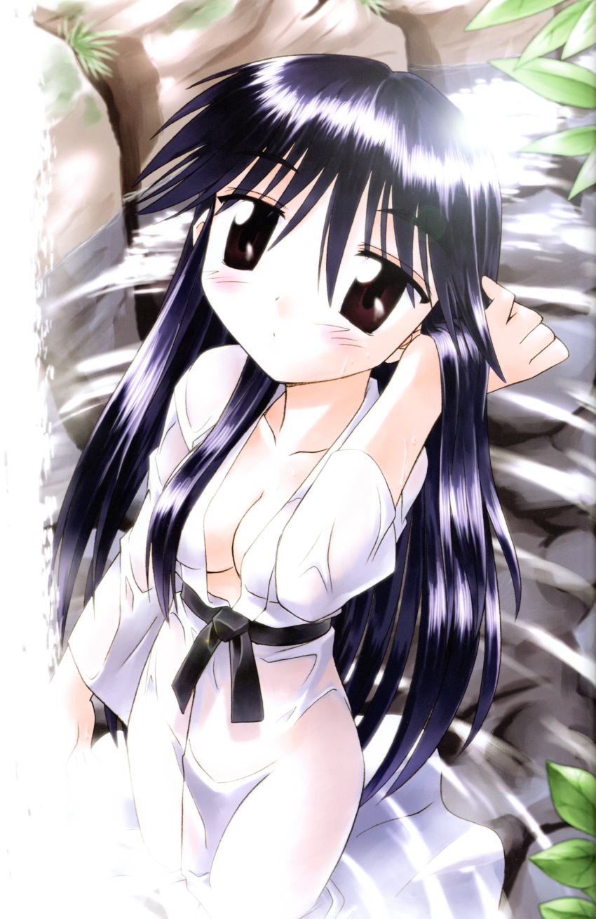 absurdres arm_up bangs black_hair blush breasts brown_eyes cleavage collarbone cropped_legs eyebrows_visible_through_hair from_above fujishiro_takeshi hair_tucking highres japanese_clothes kimono leaf long_hair looking_at_viewer machi_(nagasarete_airantou) medium_breasts moss nagasarete_airantou naked_kimono no_bra no_panties official_art open_clothes rock scan see-through sidelocks solo standing very_long_hair wading water wet wet_clothes wet_kimono white_kimono