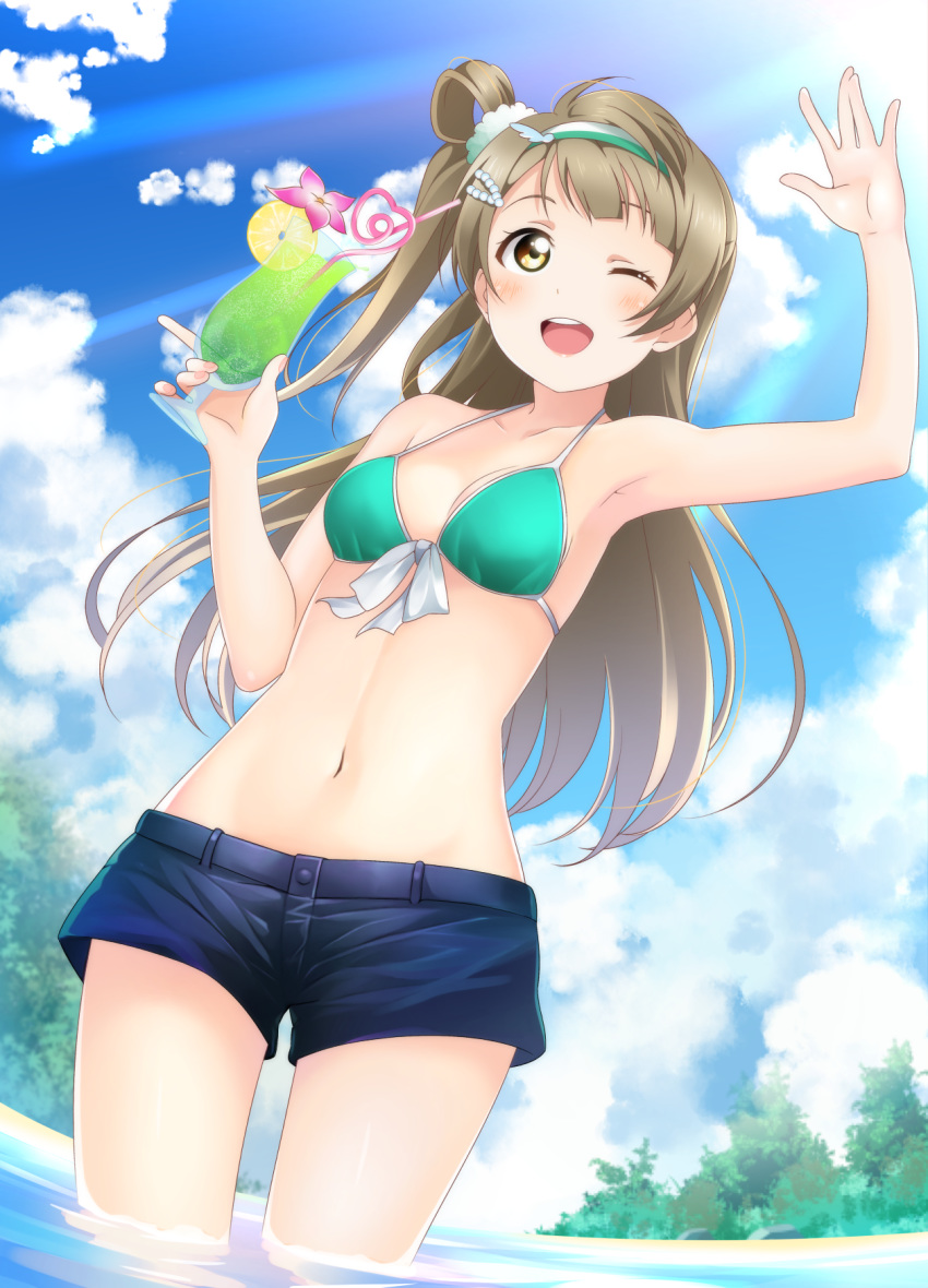 ;d armpits bikini blue_shorts blue_sky breasts brown_hair cleavage cloud collarbone cup day drinking_glass drinking_straw eyebrows_visible_through_hair floating_hair from_below green_bikini hairband highres holding holding_cup kuusuke_(yo_suke39) long_hair love_live! love_live!_school_idol_project midriff minami_kotori navel one_eye_closed one_side_up open_mouth outdoors short_shorts shorts sky small_breasts smile solo standing stomach sunlight swimsuit very_long_hair wading yellow_eyes