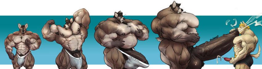 anthro balls barely_contained beard big_balls bulge canine cervine clothing cum cum_in_mouth cum_inside cumshot duo ejaculation facial_hair fellatio flexing huge_balls hyper hyper_balls hyper_muscles hyper_penis looking_at_viewer male male/male mammal masturbation multiple_images musclegut muscular muscular_male oldshep oral orgasm pecs penis penis_outline precum pubes sex standing underwear vein veiny_muscles veiny_penis