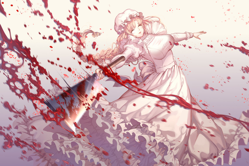 apron blonde_hair blood blood_splatter bow braid breasts cleaver closed_eyes cowboy_shot dress frilled_dress frills hair_bow hat hataraku_saibou hei_yu large_breasts long_hair long_sleeves macrophage_(hataraku_saibou) mob_cap motion_blur puffy_long_sleeves puffy_sleeves smile solo standing white_dress