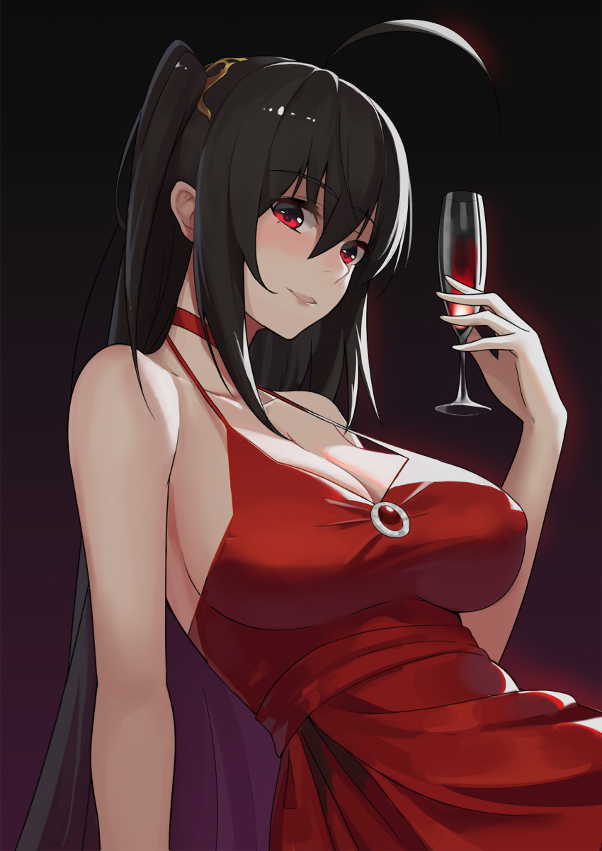 ahoge alcohol azur_lane bare_shoulders black_hair blush breasts champagne champagne_flute choker cleavage cocktail_dress cup dark_background dress drinking_glass eyebrows_visible_through_hair glass highres large_breasts loading_(vkjim0610) long_hair looking_at_viewer red_choker red_dress red_eyes solo taihou_(azur_lane) twintails wine