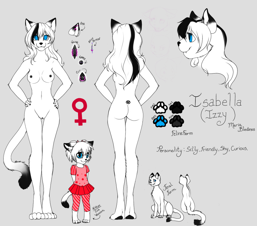 anthro blue_eyes breasts butt cat cub dipped_ears dipped_tail feline female feral izzy_bledinos lobadelaluna mammal model_sheet nude paws piercing profile pussy white_fure young