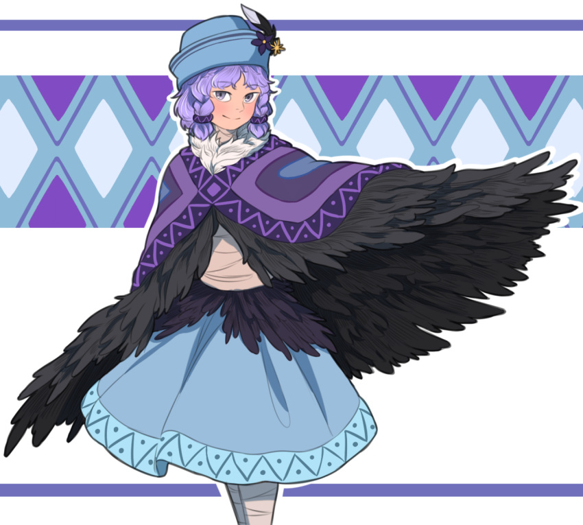 bandages black_wings blue_hat blue_skirt borrowed_character braid commentary cowboy_shot eyebrows_visible_through_hair feathered_wings feathers flower grey_eyes harpy hat hat_feather hat_flower looking_at_viewer medium_hair mefomefo monster_girl original outline poncho purple_hair skirt smile solo white_background white_outline winged_arms wings