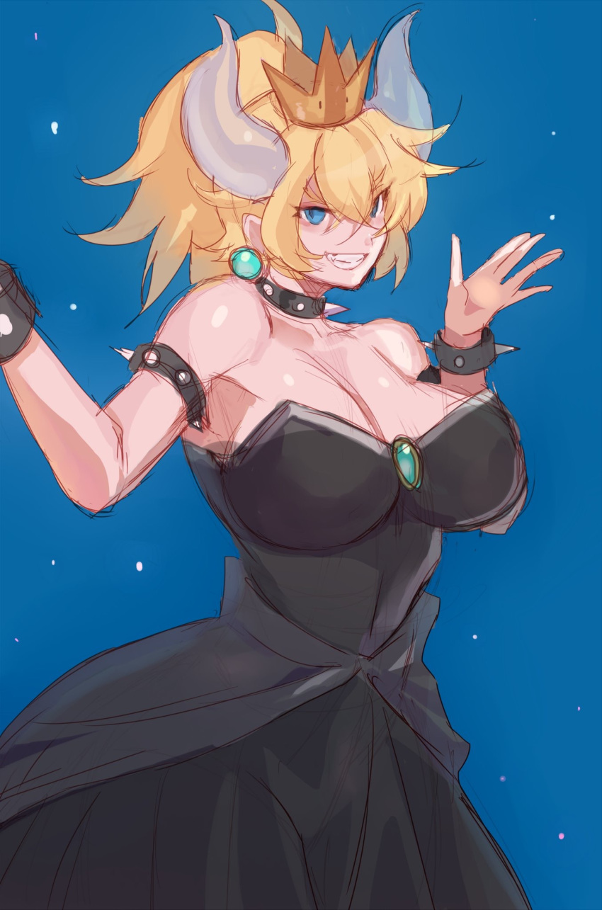:d armlet bad_id bad_pixiv_id bare_shoulders black_dress blonde_hair blue_background blue_eyes borrowed_design bowsette bracelet breasts cleavage collar commentary_request crown dekaketsudekaketsu dress earrings fang gem hands_up highres horns jewelry large_breasts looking_at_viewer mario_(series) new_super_mario_bros._u_deluxe open_mouth ponytail shrug simple_background sketch smile smirk spiked_armlet spiked_bracelet spiked_collar spikes standing super_crown super_mario_bros.