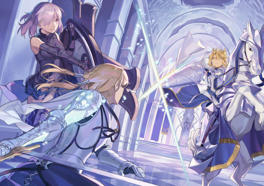 2girls armor artoria_pendragon_(all) artoria_pendragon_(lancer) battle bedivere bianyuanqishi blonde_hair castle_interior crown fate/grand_order fate_(series) green_eyes holding holding_shield holding_sword holding_weapon horse indoors looking_at_another mash_kyrielight multiple_girls parted_lips pillar polearm purple_eyes purple_hair rhongomyniad shield short_hair standing sword throne weapon