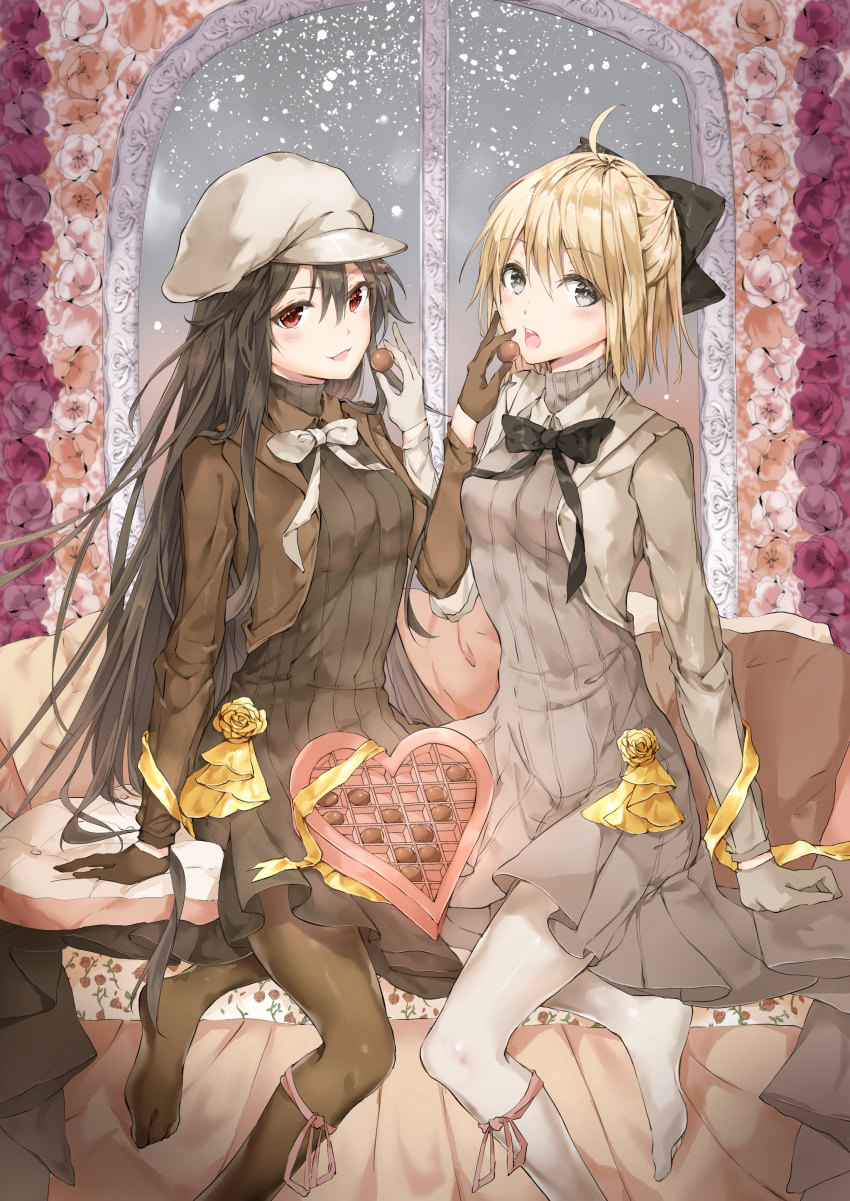 absurdres black_bow black_dress black_gloves black_hair black_legwear blonde_hair bow box_of_chocolates c.reo cabbie_hat chocolate commentary_request couch dress fate/grand_order fate_(series) feeding floral_print flower flower_ornament gloves grey_dress grey_gloves grey_hat hair_between_eyes hat highres long_sleeves multiple_girls oda_nobunaga_(fate) okita_souji_(fate) okita_souji_(fate)_(all) open_mouth pillow pleated_dress pleated_skirt red_eyes ribbon short_hair shrug_(clothing) silver_eyes sitting skirt sky star_(sky) starry_sky thighhighs turtleneck white_legwear window
