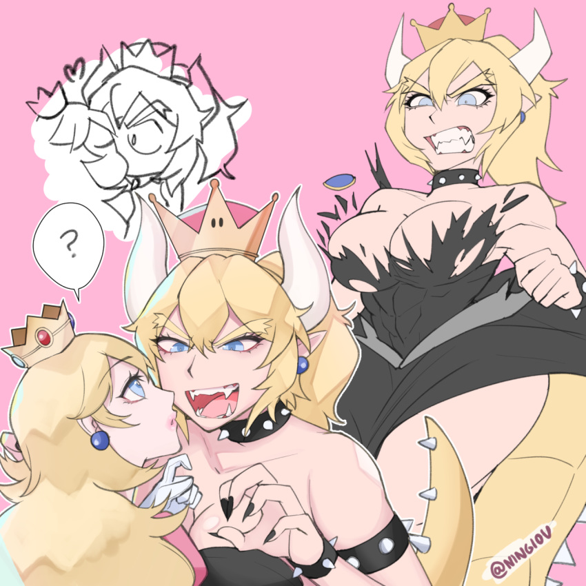 abs bare_shoulders borrowed_design bowsette bracelet breasts commentary crown dress eyebrows eyebrows_visible_through_hair fangs forked_eyebrows highres horns jewelry kiss kyou_(ningiou) large_breasts mario_(series) multiple_girls new_super_mario_bros._u_deluxe ponytail princess_peach spiked_bracelet spikes super_crown super_mario_bros. tail thick_eyebrows torn_clothes yuri