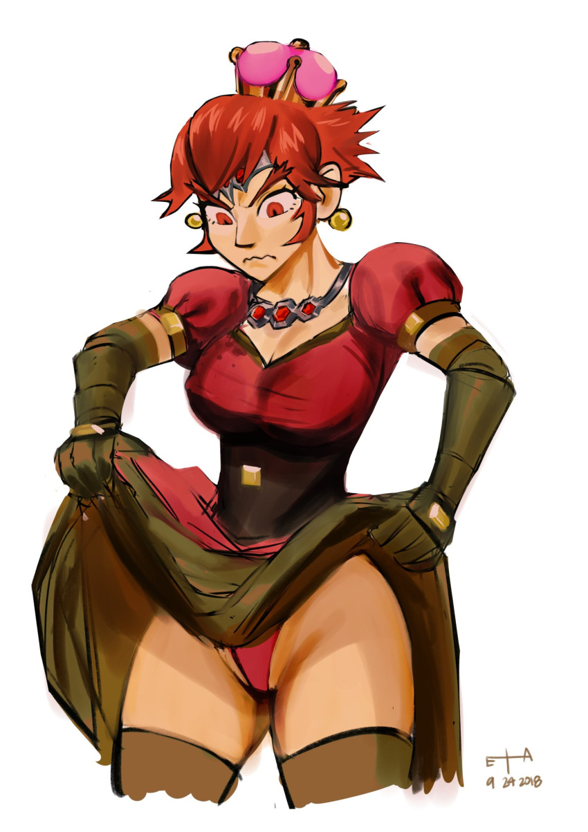artist_request black_gloves breasts circlet cleavage crown dated drawfag dress earrings elbow_gloves ganondorf genderswap genderswap_(mtf) gloves highres jewelry lifted_by_self mario_(series) medium_breasts necklace new_super_mario_bros._u_deluxe puffy_short_sleeves puffy_sleeves red_dress red_eyes red_hair short_sleeves sidelocks signature sketch standing super_crown the_legend_of_zelda thick_eyebrows thighhighs wavy_mouth white_background
