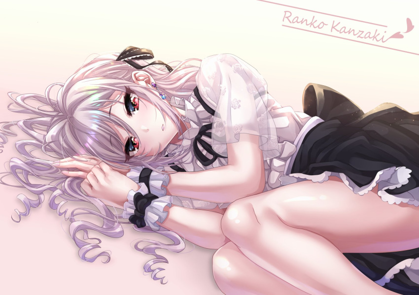 black_ribbon center_frills character_name commentary_request cursive drill_hair earrings floral_print hair_ribbon highres idolmaster idolmaster_cinderella_girls jewelry kanzaki_ranko light_blush lolita_fashion looking_at_viewer lying on_side parted_lips print_sleeves red_eyes ribbon silver_hair solo sparkle tdnd-96