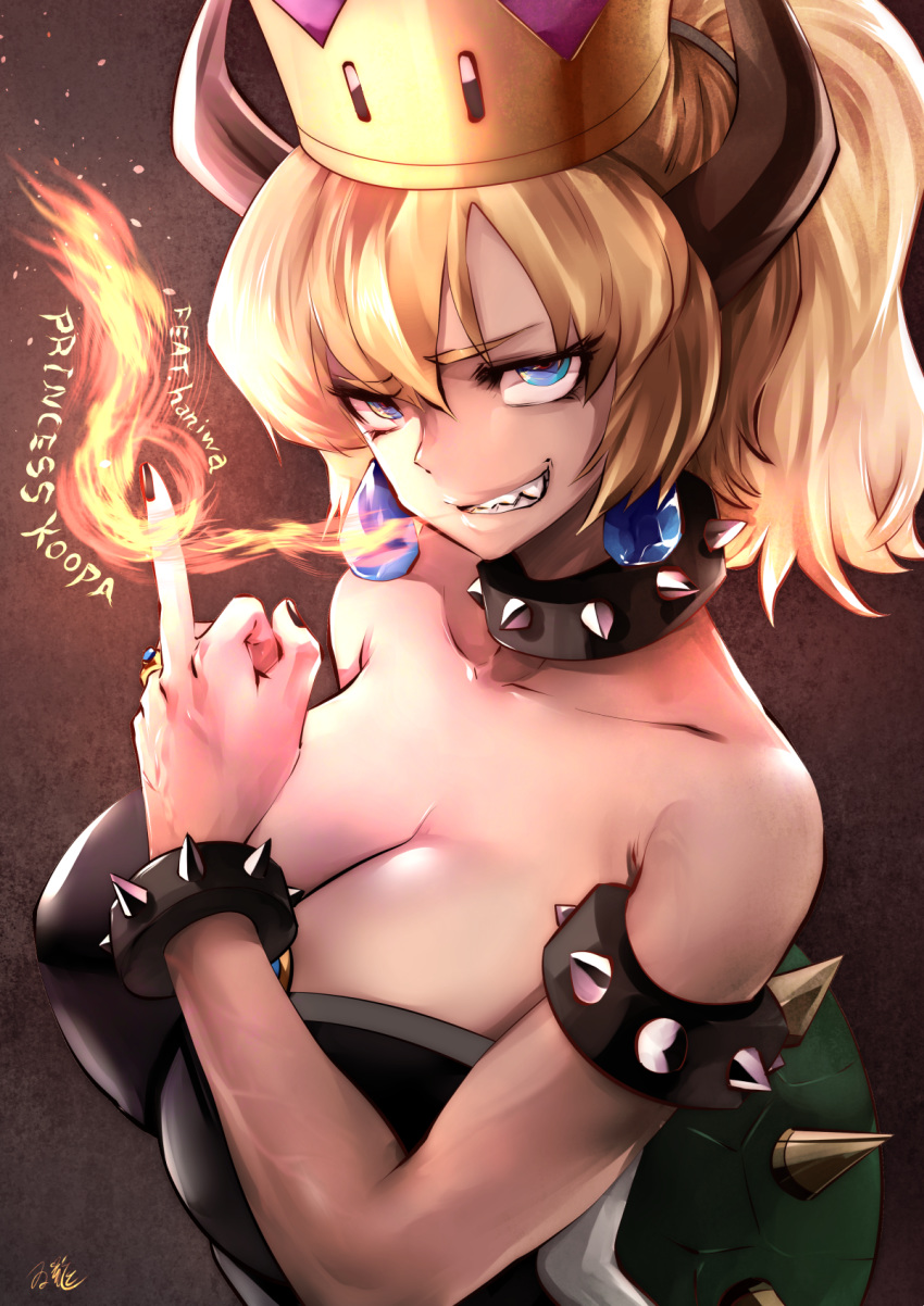 bare_shoulders blonde_hair blue_eyes bowsette bracelet breasts character_name choker collar collarbone commentary_request crown dress earrings eyebrows_visible_through_hair fire grin hair_between_eyes highres horns huge_breasts jewelry looking_at_viewer mario_(series) middle_finger nail_polish new_super_mario_bros._u_deluxe ponytail ring sharp_teeth short_hair smile solo souryu strapless strapless_dress studded_bracelet studded_collar super_crown teeth upper_body veins