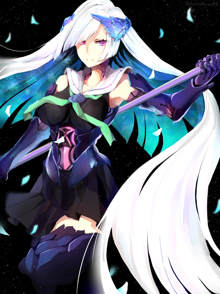 armor armored_dress black_skirt blue_hair breasts brynhildr_(fate) commentary_request fate/grand_order fate_(series) gauntlets highres kano_(kanokano44) long_hair looking_at_viewer medium_breasts petals polearm purple_eyes sailor_collar silver_hair skirt solo space thighhighs very_long_hair weapon wing_hair_ornament