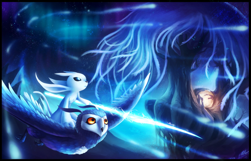 2018 ambiguous_gender anthro avian beak bird detailed_background digital_media_(artwork) duo feral guardian_spirit night orange_eyes ori ori_and_the_blind_forest ori_and_the_will_of_the_wisps outside owl shupamikey sky star starry_sky