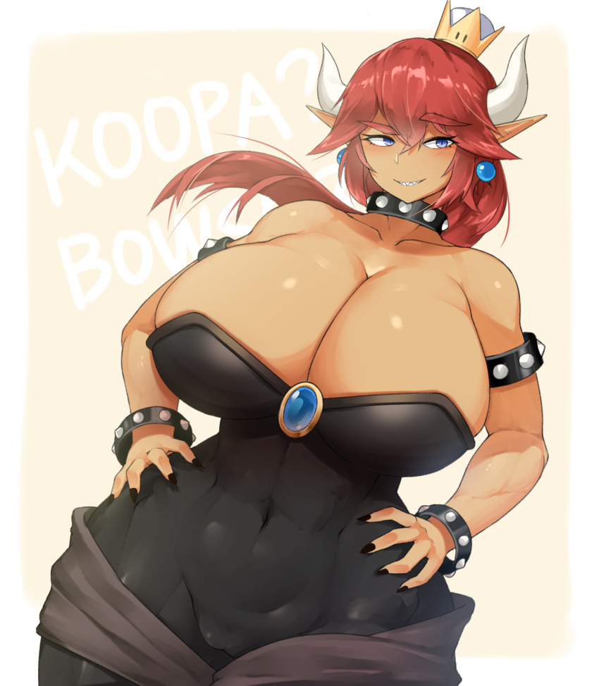 alternate_color bare_shoulders black_dress black_nails blue_eyes bowsette breasts cameltoe cleavage collar commentary_request covered_navel crown curvy dark_skin dress earrings grin hands_on_hips highres horns huge_breasts jewelry looking_at_viewer mario_(series) nail_polish new_super_mario_bros._u_deluxe pointy_ears raised_eyebrow red_hair sash sharp_teeth sinensian smile solo spiked_armlet spiked_collar spikes super_crown teeth thick_eyebrows thick_thighs thighs wide_hips