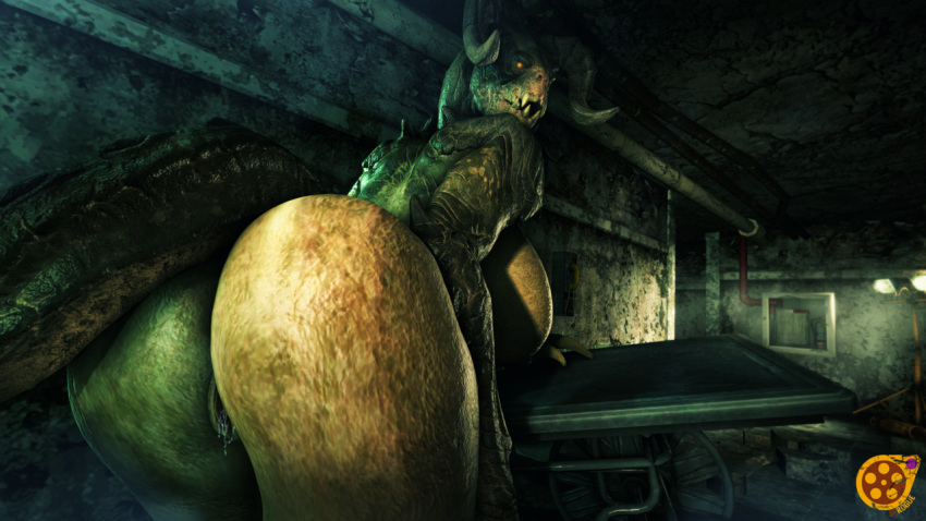 2018 3d_(artwork) anthro bent_over big_breasts big_butt breasts butt claws deathclaw digital_media_(artwork) fallout female horn huge_breasts looking_at_viewer looking_back nude presenting pussy scalie sfrogue solo source_filmmaker standing thick_thighs video_games wide_hips