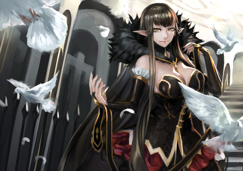 bare_shoulders bird black_dress black_hair breasts bridal_gauntlets cleavage closed_mouth commentary_request detached_sleeves dove dress fate/apocrypha fate/grand_order fate_(series) fur_trim highres large_breasts long_dress long_hair looking_at_viewer peperon_(peperou) pointy_ears semiramis_(fate) slit_pupils smile spikes stairs standing very_long_hair yellow_eyes